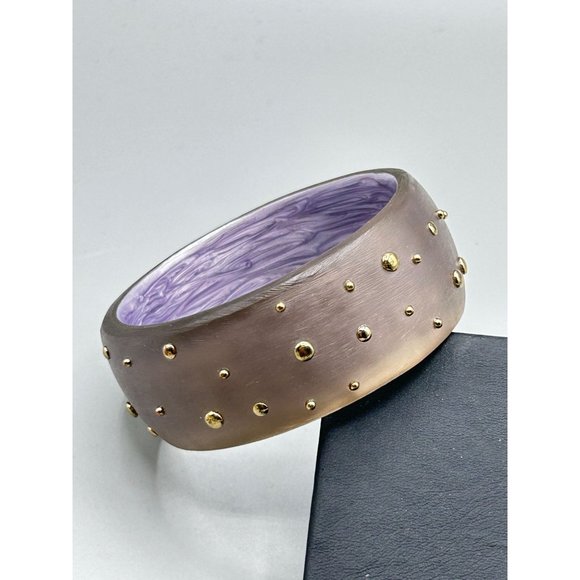 Frosted Lucite Bracelet Studded Bangle Wide Rigid Satin with Raised Gold Dots - Picture 4 of 9